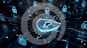 Cybersecurity shield protecting digital data on circuit board