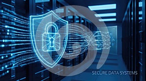 Cybersecurity shield protecting digital data in server room