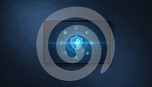Cybersecurity shield protecting digital data on tablet device