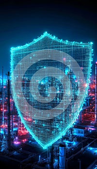 Cybersecurity Shield Protecting Industrial Facility, Critical Infrastructure Defense Concept