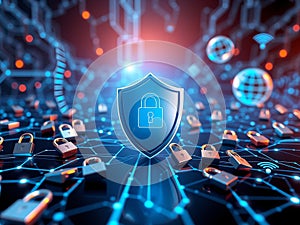 Cybersecurity Shield Surrounded by Wi-Fi and Lock Icons over Technology Blue Network