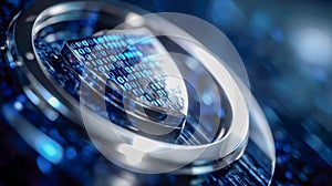 Cybersecurity shield symbol with binary code representing digital protection