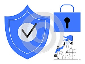 Cybersecurity Strategy and Data Protection Concept with Shield, Lock, and Teamwork Elements