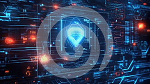 Cybersecurity system displaying digital data and hacker symbol
