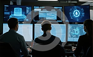 Cybersecurity Team Analyzing Data in High-Tech Command Center
