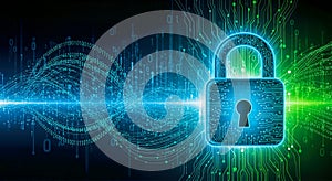 Cybersecurity technology, digital padlock, data protection, binary code, network security, internet safety, abstract blue green