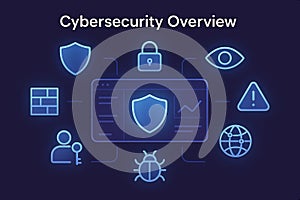 Digital cybersecurity overview with icons representing protection data security and threats