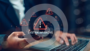 Cybersecurity vulnerability, data breach, illegal connection, compromised information. System warning caution sign for