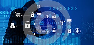 Cybersecurity vulnerability Log4J and hacker, coding, malware concept. Hooded computer hacker in cybersecurity vulnerability Log4J