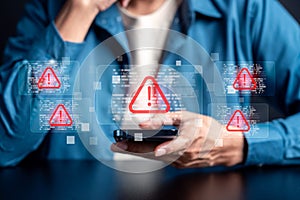 Cybersecurity warning concept with alert, data breach risk, malware attack, and online security