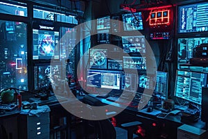 Cybersecurity Workstation with Multiple Monitors Displaying Data and Code