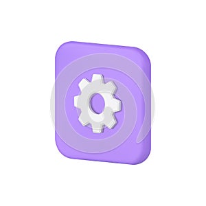 Cyberspace development setting cog mechanism purple squared button isometric 3d icon vector