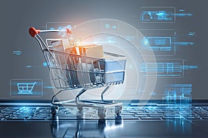 Cyberspace retail shopping cart, keyboard connect store owner, customer