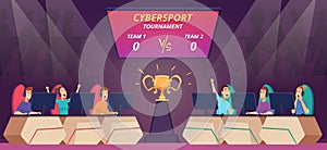 Cybersport competition. Viewers watching video game match on big screen tv cybersport arena vector cartoon background photo