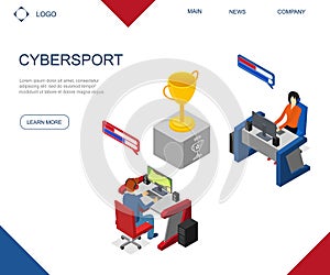 Cybersport Concept Card 3d Isometric View Landing Web Page Template. Vector