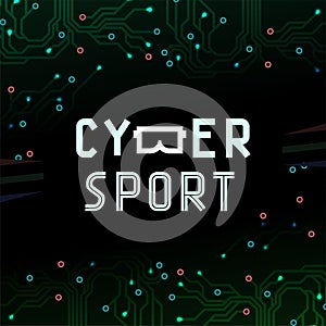 Cybersport text icon with virtual reality glasses B on circuit board background photo