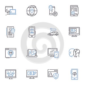 Cyberworld line icons collection. Cybersecurity, Encryption, Malware, Hacktivism, Phishing, Digitalization, Cybercrime