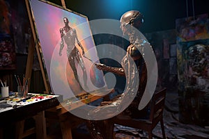 Cyborg AI Humanoid Robot Artist Painting in Dark Studio, generative Ai photo