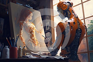 Cyborg Ai Humanoid robot artist painting and paints. Android in dark studio next to his easel. Generative AI.