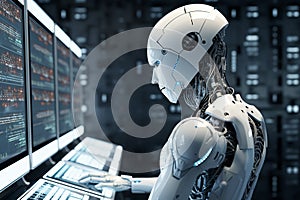 cyborg android robot working with laptop control panel system network data. Chat GPT Artificial Intelligence chatbot. Generative