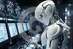cyborg android robot working with laptop control panel system network data. Chat GPT Artificial Intelligence chatbot. Generative