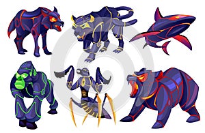 Cyborg animals. Futuristic dark metal fauna characters, robotic powerful beasts, mechanical shark, praying mantis and