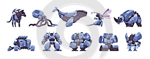 Cyborg animals. Futuristic mechanical robot characters, cartoon punk robotic zoo machines with mechanical body, AI