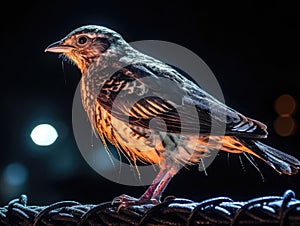 Cyborg bird perched on rusted pole