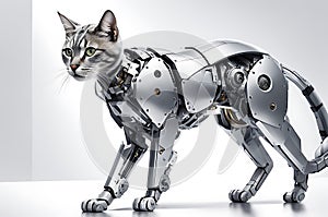 Cyborg Cat Featuring Exposed Mechanical Components Mixed with Feline Anatomy: Standing Against a Stark Background