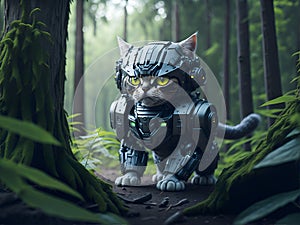 cyborg cat in the forest.