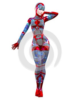 Cyborg droid robot woman futuristic metallic neon suit