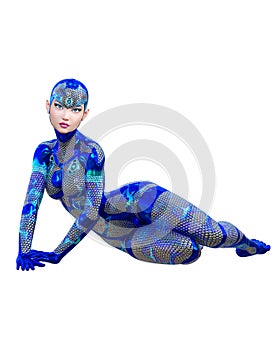 Cyborg droid robot woman futuristic metallic neon suit