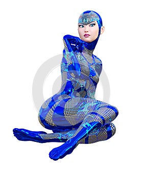 Cyborg droid robot woman futuristic metallic neon suit