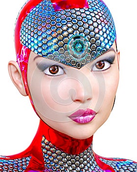 Cyborg droid robot woman futuristic metallic neon suit