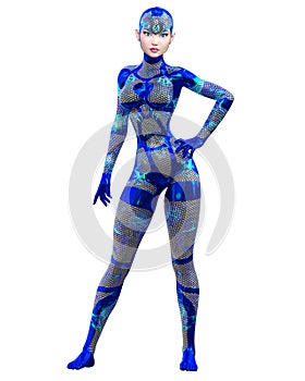Cyborg droid robot woman futuristic metallic neon suit.