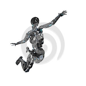 Cyborg female comic explosion pose in a white background