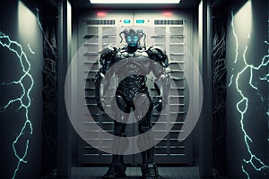 A cyborg guarding a data center server room