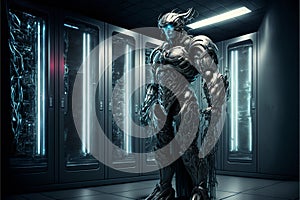 A cyborg guarding a data center server room