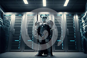 A cyborg guarding a data center server room