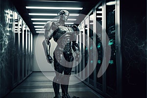 A cyborg guarding a data center server room