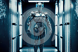 A cyborg guarding a data centre server room. Generative AI