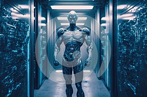 A cyborg guarding a data centre server room. Generative AI