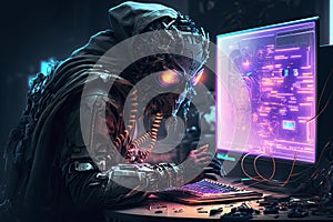 Cyborg hacker robot hacks into a computer. The concept of cybersecurity of the future