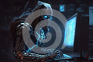 Cyborg hacker robot hacks into a computer. The concept of cybersecurity of the future