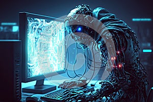Cyborg hacker robot hacks into a computer. The concept of cybersecurity of the future