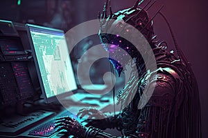 Cyborg hacker robot works at a computer in front of a monitor. Concept of cyber security