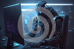 cyborg hacker robot works at a computer in front of a monitor. cyber security. Generative AI