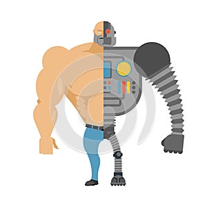 Cyborg. Half human half robot. Man with big muscles and iron lim