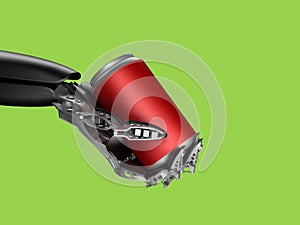 Cyborg hand with beverage in can