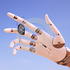 Cyborg Hand with Car Key in Front of Blue Sky 3d Illustration